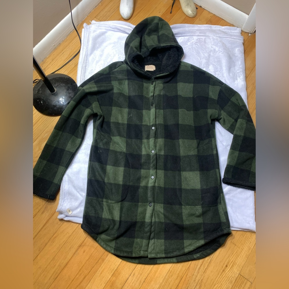 Boston Traders mens green/black plaid button up hooded long sweater jacket Sz L